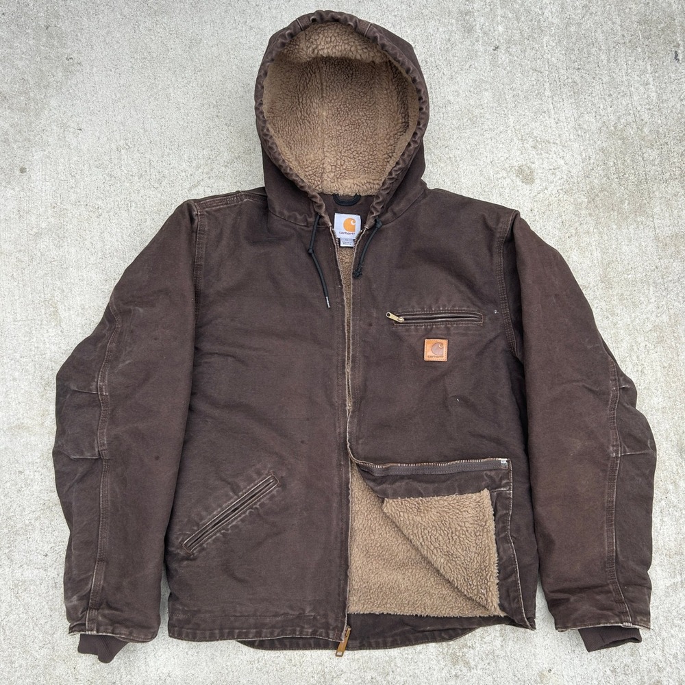 Carhartt Jacket Mens Medium Brown Duck Sherpa Lined Hooded Workwear Vtg